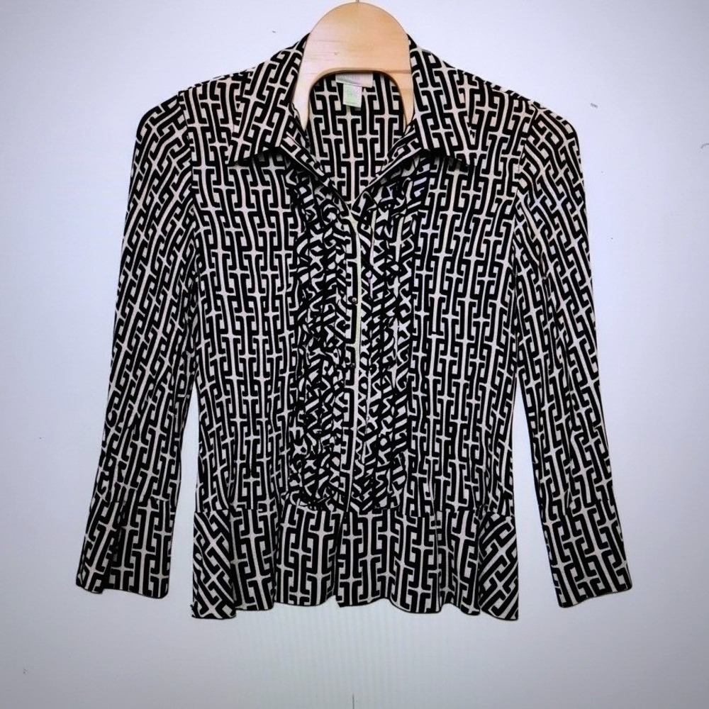 Worthington 3X Button Ruffle Front Cuff Elegant Career Geo Print Blouse Crinkle